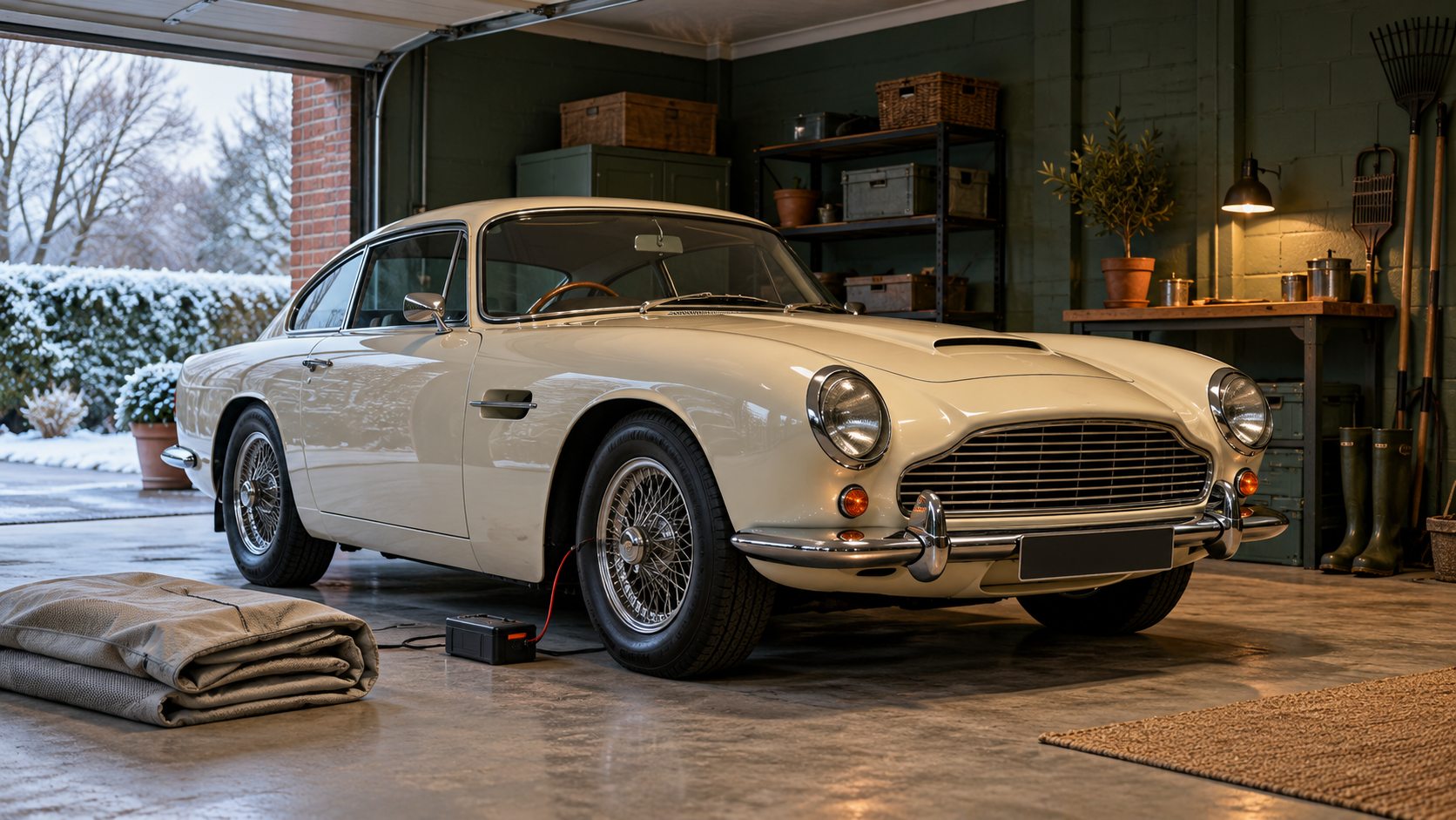 Cream classic coupe prepared for winter storage in a tidy British garage